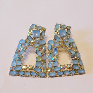 Light Blue Mosaic Drop Statement Earrings With Gold Accent